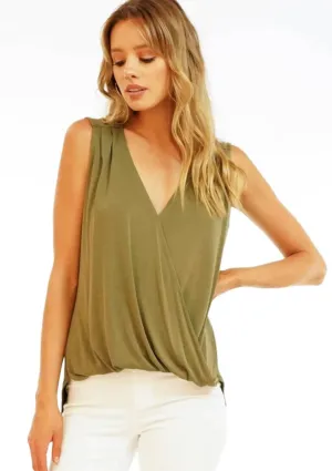 Sleeveless Cupro Surplice Top - Army