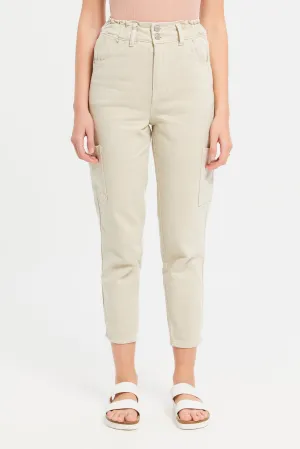 Women Beige Paper Bag Waist Jeans